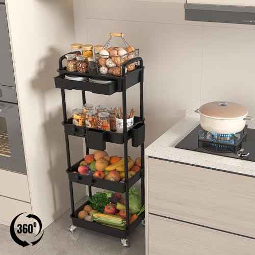 4 Tier Rolling Utility Cart with Drawer, Plastic Storage Organizer Rolling Carts with Wheels Handles Hanging Cups Hooks for Office, Bathroom, Kitchen,Craft Art Room (Black)