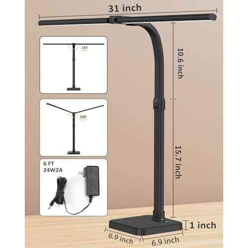 LED Desk Lamp for Home Office, Double Head 24W with Base, Architect Light 5 Lighting Brightness Flexible Gooseneck Table Reading Study, Black