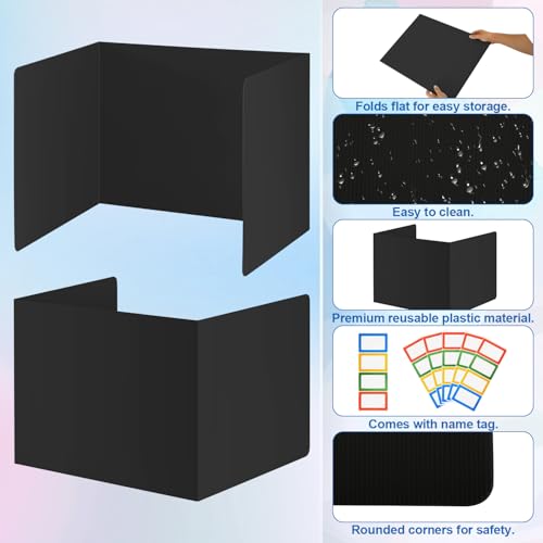 24pcs Desk Dividers for Students, Waterproof Study Carrel Dividers with 24 Name Labels Durable Classroom Desk Board Protable Test Privacy Folders for School Student Desk (Black)