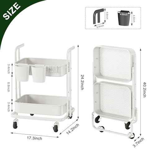 DTK 2 Tier Rolling Cart, Small Metal Utility Cart with Lockable Wheels, Foldable Craft Cart, 2 Shelf Folding Storage Trolley for Living Room, Kitchen, Bathroom, Bedroom and Office, White