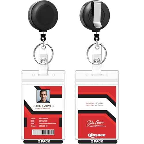 2 Pack Badge Reels Retractable with Key Rings, ID Badge Holder with 2 pcs Waterproof Extra Thick ID Card Holders, Belt Clip (Black)