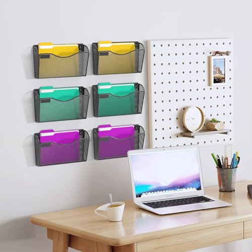 Samstar Black Mesh Wall Mounted File Organizer with Label Panel - 6 Pockets for Office & Home