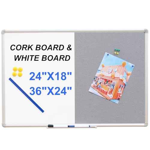 DEVELOP Grey Felt Bulletin & Magnetic Dry Erase Combo Board, 24 x 18 Inch, Wall Mounted Whiteboard/Grey Felt Bulletin Combination Board with Marker Tray, Pins, Eraser, Markers & Magnets