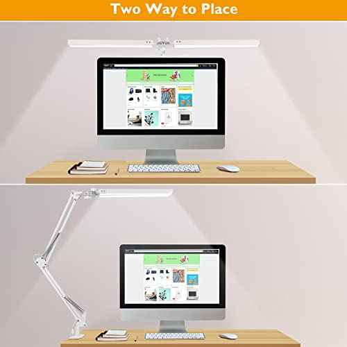 LED Desk Lamp with Clamp, Super Bright Double Head Task Light, 5 Color Modes, 10%~100% Dimmable Brightness, Modern Swing Arm Workbench Light