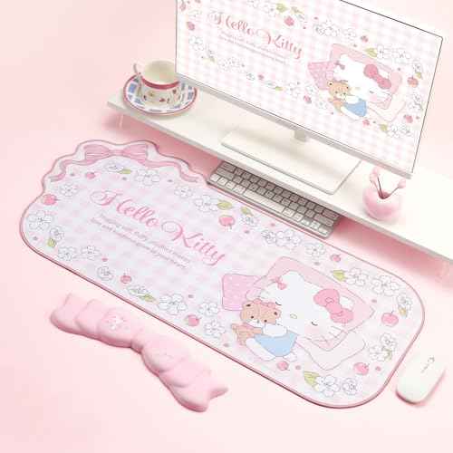 Kawaii Anime Mouse Pad Wrist Rest Support Set - Non-Slip Desk Mat and Memory Foam Bowknot Wrist Rest for Keyboard and Mouse,Perfect for Gaming or Home Office Work - FlowerCat