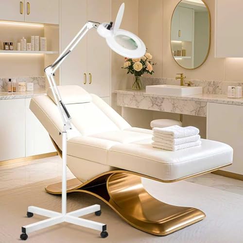 10X Magnifying Glass with Light and Stand, 24W & 2200 Lumens Infinite Warm-Cold Dimming Mag Lamp for Estheticians, 2-in-1 LED Floor Lamp with 4 Wheel Rolling Base for Crafts Reading Facial Nail