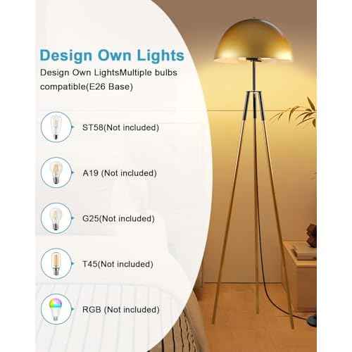Lightdot 67IN LED Tripod Floor Lamp, Mid Century Standing Lamps, Industrial Floor Lamp for Living Room, Bedroom, Study Room and Office, Arc Shade with E26 Base-Gold