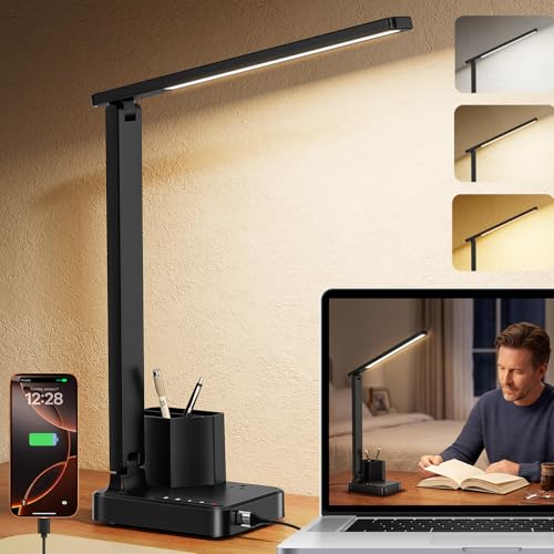 COZOO Black LED Desk Lamp with USB-C & AC Power Outlet, Pen Holder, Dimmable Office Light