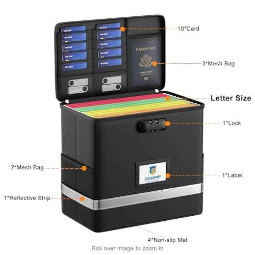 Fireproof File Box with Lock, Document Box Storage Organizer, Suitable for Hanging File Folders in Letter Size, Collapsible File Box, Reflective Strip for Fast Find (12.2"*6"*10.2, Black)