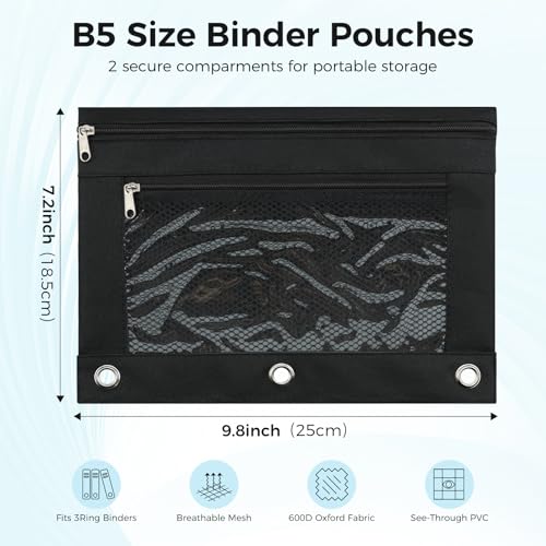 ASBEFORE Black Pencil Pouch for 3 Ring Binder with Zipper & Clear Window