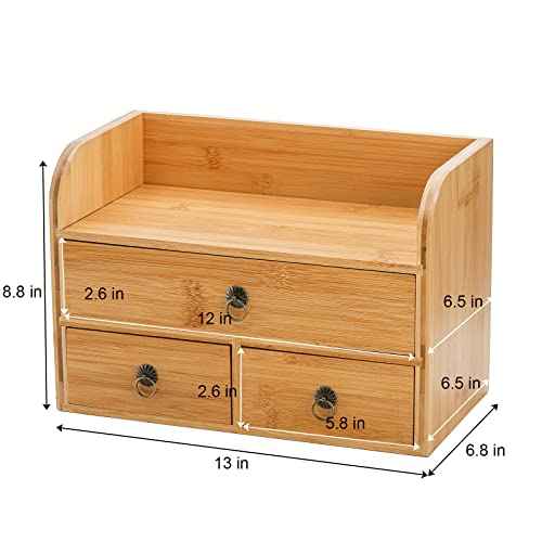 Nicunom Bamboo Desk Organizer, 3-Tier Bamboo Tabletop Storage Organization Multifunctional Desktop Organizer with Drawers for Home Office Toiletries Supplies Vanity
