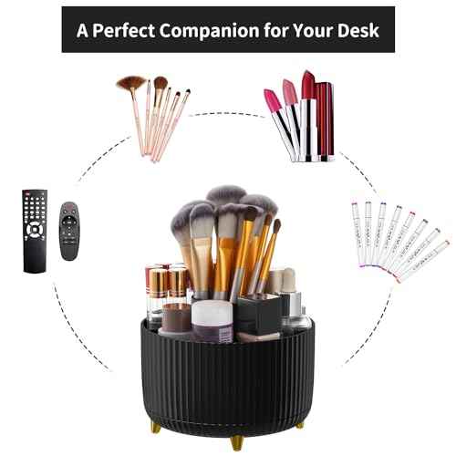 Marbrasse Desk Organizer, 360-Degree Rotating Pen Holder, Desk Organizers and Accessories with 5 Compartments Pencil Holder, Art Supply Storage Box Caddy for Office, Home (Black)