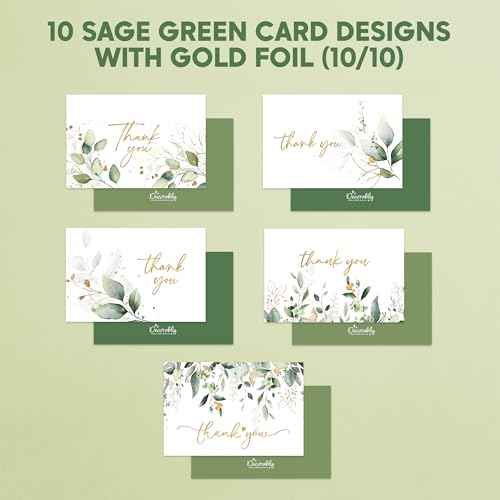 Decorably 100 Pack Gold-Foiled 6x4in Sage Green Thank You Cards with Envelopes, 10 Elegant Designs Folded Greenery Thank You Cards with Envelopes, Blank Inside - Wedding, Bridal Shower, Baby Shower