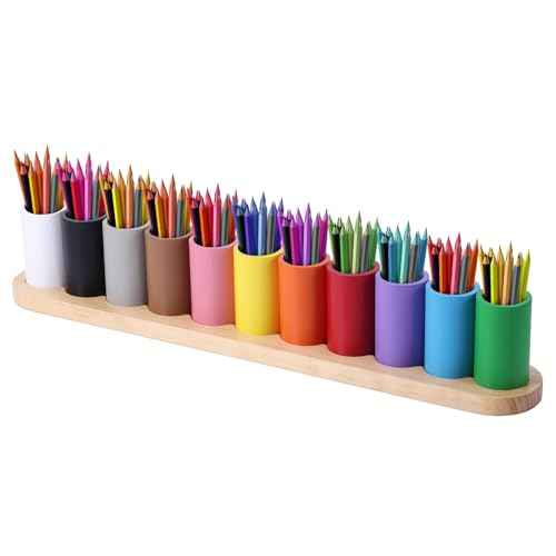 Wooden Colored Pencil Holder, Montessori Crayon Organizer 11 Movable Compartments Pen Cups Holder Creative Crayon Storage Organizer Marker Holder for Kids Desk Office Home School Supply