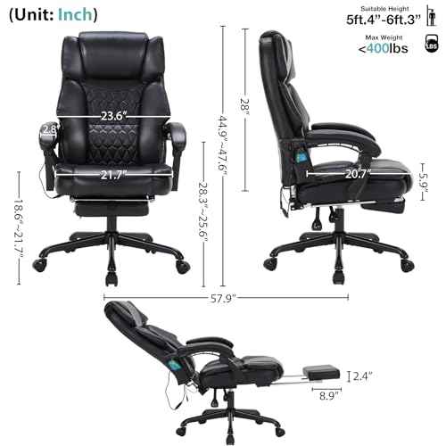 Massage Office Chair with Foot Rest 6 Points Vibration and Heat Home Office Desk Chairs for Heavy People 400lbs Reclining Managerial Chairs Ergonomic Executive Chair (Black)