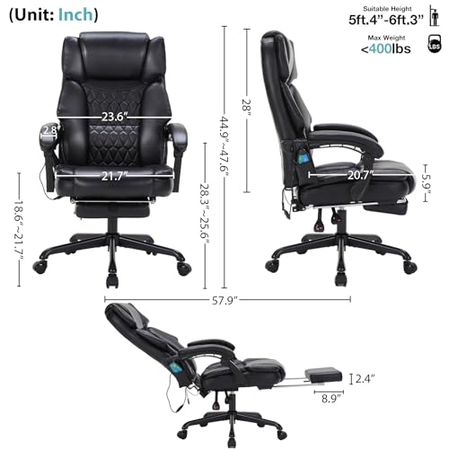 HESL Black Massage Office Chair with Foot Rest & Heat, 6-Point Vibration, Reclining Heavy Duty Ergonomic Chair, 400lbs Capacity