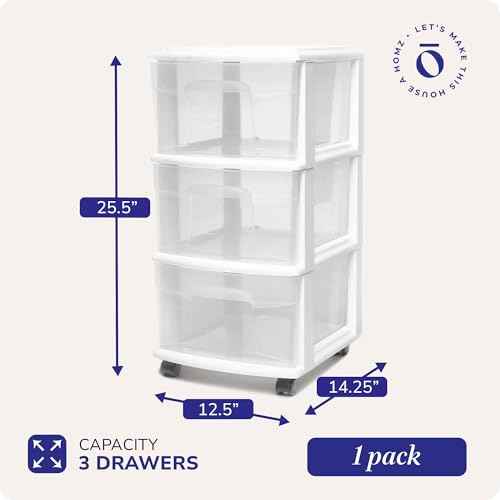 HOMZ Drawer Tower, 3-Tier Clear Plastic Storage Organizer Cart, White Frame - Heavy-Duty Organizing Drawers for Home, Bedroom, and Closet Organization