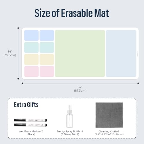 LOUKIN Erasable Dry Erase Desk Mat, Mouse Pad, Writing White Board, Non-Slip Desktop Protector for Office, Home, School (Includes 2 Wet Erase Markers & Cleaning Cloth) 32"x14"
