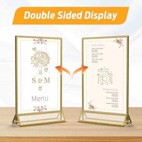 Smarpau Gold Acrylic Sign Holder 5x7, Double-Sided Display Stand, Clear Picture Frames/Flyer Holder/Menu Holder/Table Number for Wedding, Home, Offices(16Pcs)