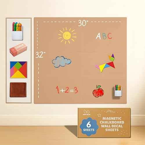 Magnetic Chalkboard Wall Decal for Kids ? Set of 6 Peel and Stick Magnet Sheets with Chalk, Tangram Puzzle, and Holder ? Modular Learning and Drawing Board for Homeschool, Playroom, Classroom