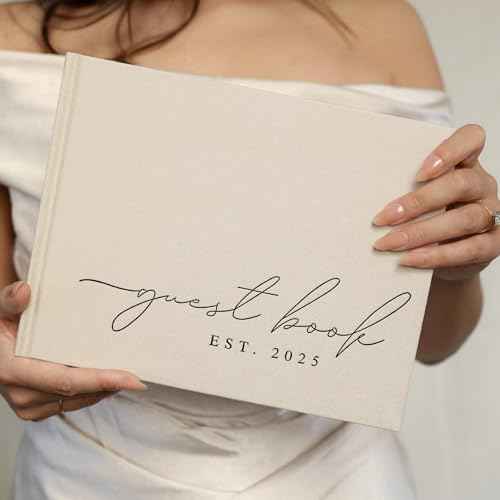 Wedding Guest Book With Personalized 2025 Year - Linen Photo Guestbook to Sign at Reception Party - Includes Clear Photo Corners Self Adhesive - 100 Pages Blank and Lined Thick Paper Guest Books