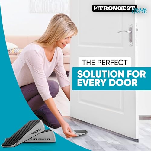 Strongest Home Heavy Duty Door Stopper Wedge (10 Chrome PCs) | Non-Slip Rubber and Metal Door Stop for Heavy Doors| Work on Wood, Tile, Carpet + 10 White Wall Protectors
