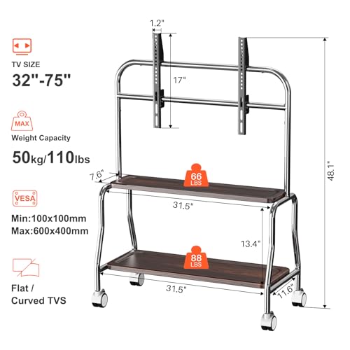 Sythdio Style 2 Stainless Steel Rolling TV Stand 32-75” TV Cart w/ Shelves