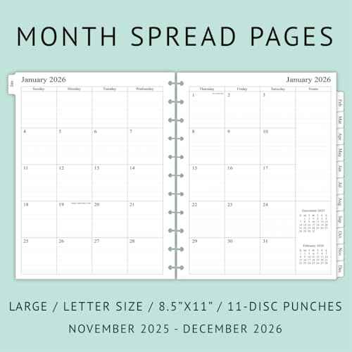 newestor 2025-2026 Monthly Planner Refill for 11-Discbound Notebooks, Oct 2025 to Dec 2026, Two Pages Per Month, Letter Size, 8-1/2" x 11"