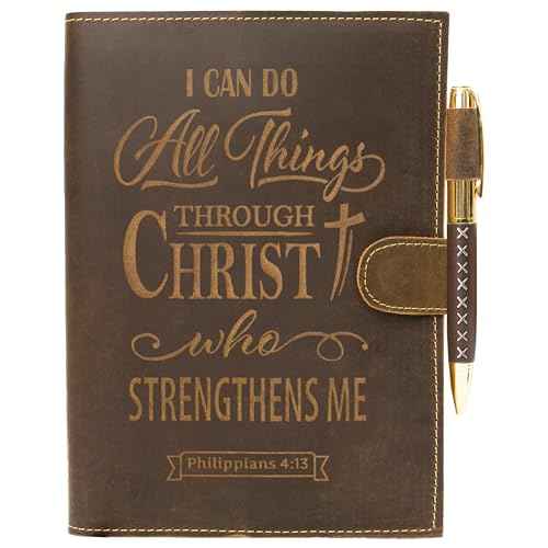 Sovereign-Gear Religious Refillable Leather Journal - Handmade A5 Writing Notebook with Pen - Philippians 4:13 ¡°I Can Do All Things¡± Embossed Diary with 2 Lined Inserts & Pen Holder - 480 Pages