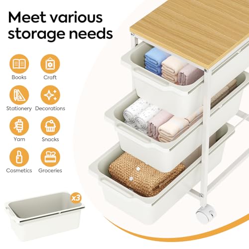 KINGBOARD White 3-Drawer Slim Rolling Cart with Wooden Top - 14.37 x 9.65 x 21.26 in