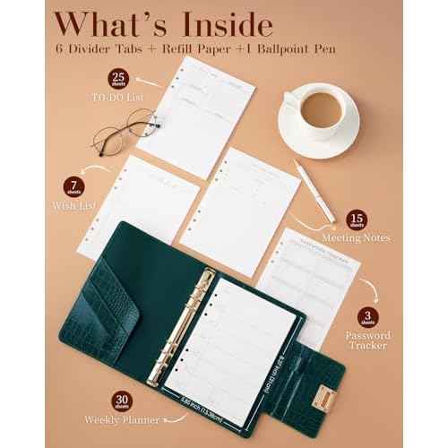 EGOSUNNY¢ç A5 Undated Planner ? 5.8" x 8.3" Crocodile-Textured Leather Cover, Refillable 6-Ring Binder with 80 Sheets, Dividers & Metal Ballpoint Pen - Journal Organizer for Work, School & Personal Use