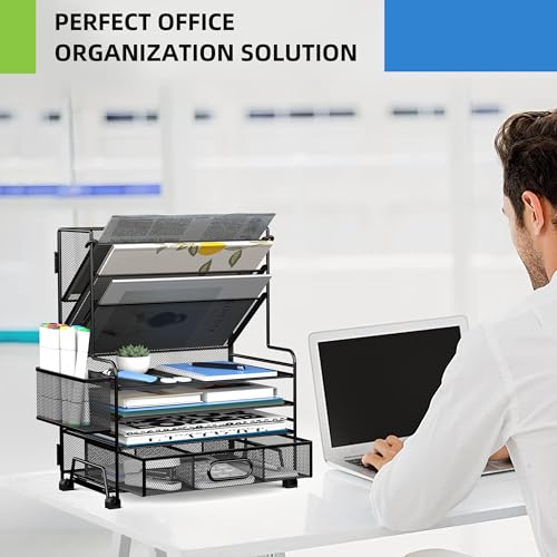 MINDEPOT Black 4-Tier Paper Organizer with 3-Pocket File Holder & Drawer for Office & Classroom
