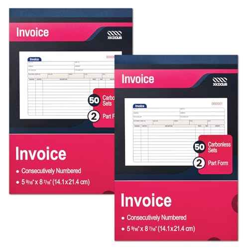 XKDOUS 2 Pack Invoice Book, 2-Part Carbonless, 5-9/16" x 8-7/16" Invoice Receipt Book for Small Business, 50 Sets per Book
