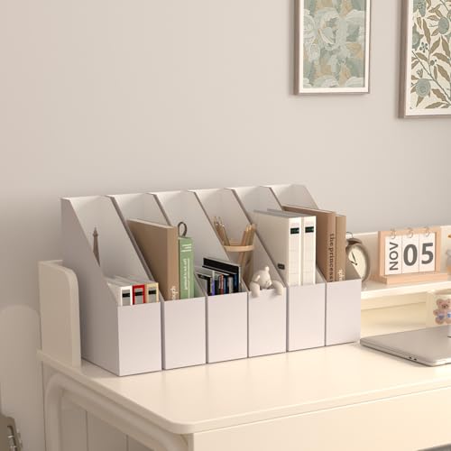 EXYGLO 12 Pack White Magazine File Holder, Foldable Cardboard Magazine Rack 9.9x3.3x12 Inches (With 12 Labels) – Office & Desk Organizer
