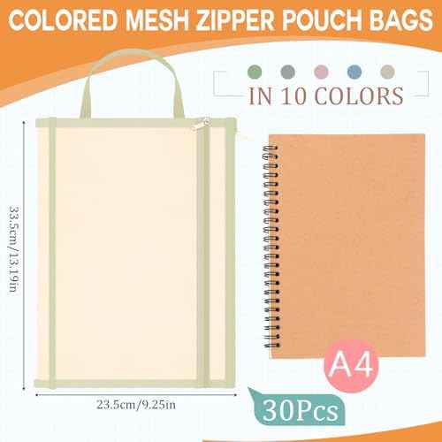 Marspark 30 Pack Classic Color Mesh Zipper Pouch Bags A4 Nylon Organizing Bags Breathable See Through Zipper Pouch with Handle for Office Games