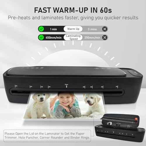 13 Inch A3 Laminator Machine, 9 in 1 Desktop Thermal Never Jam With 40 Pouches, Paper Trimmer and Corner Rounder, 1Min Fast Warm-Up for Home Office School Use, Black