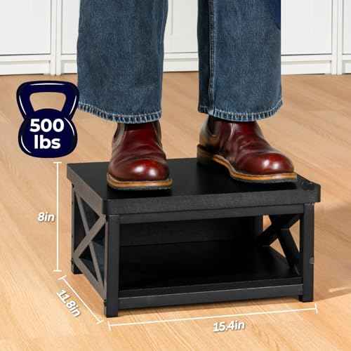 Wooden Step Stool for Adults & Kids with Patented Bottom Shelf ? Anti-Slip Rubber Feet, Heavy-Duty Steel Frame, 500 lbs Capacity ? Small Step Stool for Bed, Bathroom & Kitchen ? Black