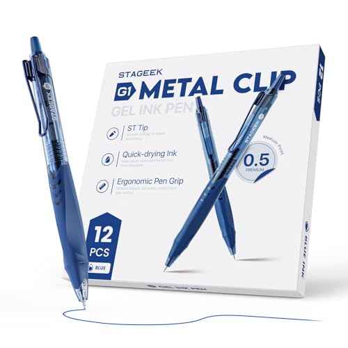 12 Pack Blue Gel Pens, Quick Dry Blue Ink Pen, 0.5mm Fine Point Retractable Smooth Writing Pens for Journaling, Writing, Business Gel Pen for Office School & Home Supplies(Blue)