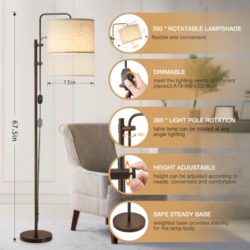 Floor Lamp for Living Room, Adjustable Height Standing Lamps with 350¡Æ Rotate Linen Lampshade, 67.5-Inch Brown Modern Tall Lamp Dimmable Floor Lamps for Corner Bedroom Home Office (Bulb Included)