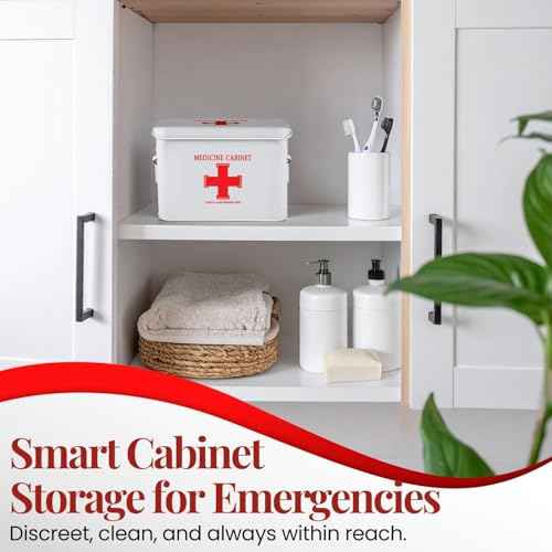 Flexzion First Aid Box Organizer, Empty 8.5 Inch White Vintage First Aid Kit Tin Metal Medical Box Storage Container Bins with Dividers, Removable Tray and Cross Logo