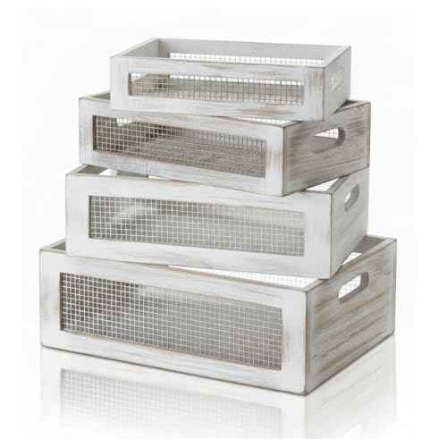 4 Pcs Wooden Nesting Countertop Baskets 4 Size Wooden Storage Box with Handle and Metal Wire Multipurpose Wood Organizer Crate for Fruit Vegetable Kitchen Cabinet Bathroom(White,Small)