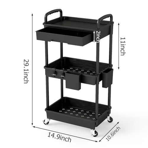 3 Tier Rolling Utility Cart with Drawer, Plastic Storage Organizer Rolling Carts with Wheels Handles Hanging Cups Hooks for Office, Bathroom, Kitchen,Craft Art Room (Black)