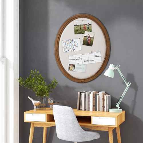 SOFE Oval Framed Linen Bulletin Board, Unique Fabric Pin Boards for Walls, 21 x 17 Inches Hanging Vision Board, Message Display Notice Memory Board for Office Home and School with Pins