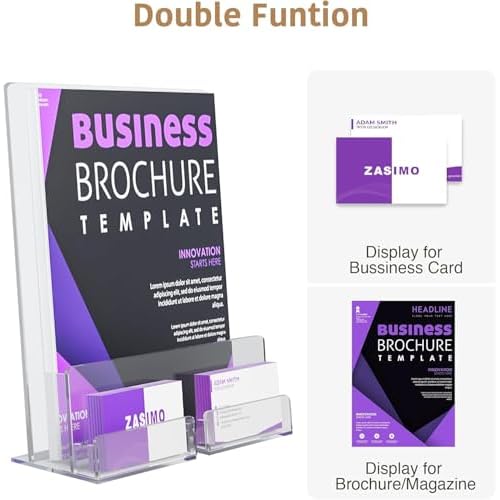 Acrylic Brochure Holder with Business Card Holder, 8.5"x 11", Clear Flyer Stands for Display, Ideal for Trade Show, Menu, Journals, Pamphlet, Magazine, Booklets, Literature (4-Pack Acrylic)