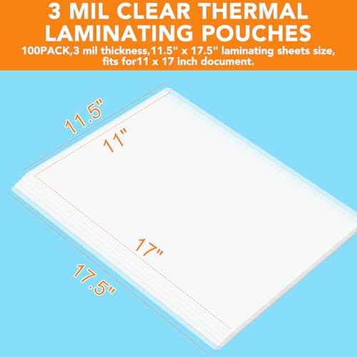 CAREGY 100 Pack Laminating Sheets, Hold 11 x 17 Inch Sheet, 3 Mil Clear Thermal Laminating Pouches 11.5 x 17.5 Inch Lamination Sheet Paper for Laminator, Round Corner