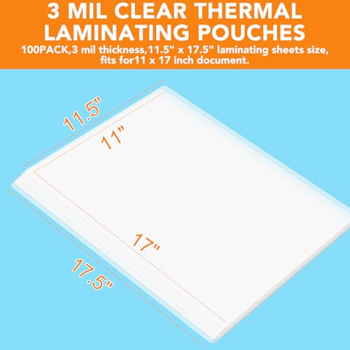 CAREGY 100 Pack Laminating Sheets 11.5 x 17.5 Inch 3 Mil Thick for Documents