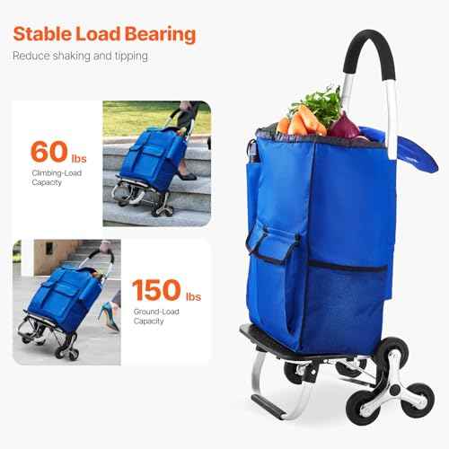 VEVOR Stair Climber Trolley Dolly, 36L Folding Shopping Grocery Cart Trolley Laundry Stair Climbing Handcart with 6 Wheels & Oxford Cloth Bag, Foldable Cart for Shopping Grocery Laundry Climbing