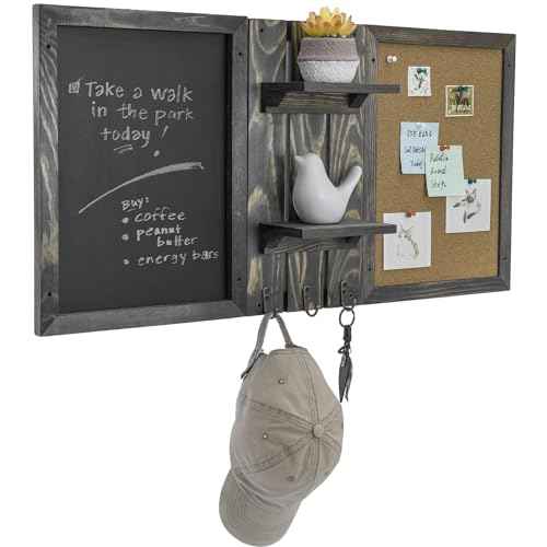 MyGift Wall Mounted Vintage Gray Wood Entryway Bulletin Board Combo Set with Chalkboard, Cork Board, 2 Storage Display Shelves and 3 Key Hooks, Family Command Center Wall Organizer