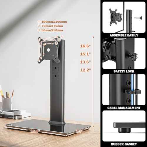 Single LCD Computer Monitor Free-Standing Desk Stand Mount Riser for 13 inch to 32 inch screen with Swivel, Height Adjustable, Rotation, Vesa Base Stand Holds One (1) Screen up to 77Lbs(HT05B-001))