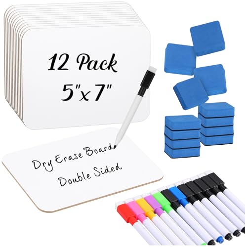 12 Sets Small Whiteboard Dry Erase Boards 5" x7'' Mini Double Sided Dry Erase Lap Boards with Markers Erasers Pen Holders Personal Whiteboards for Students Classroom Teacher
